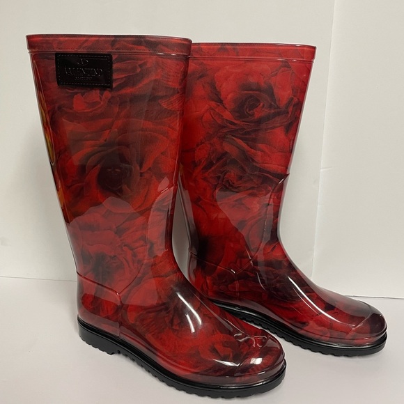 Valentino Garavani tall flat rain boots red flowers 38 - Picture 3 of 11